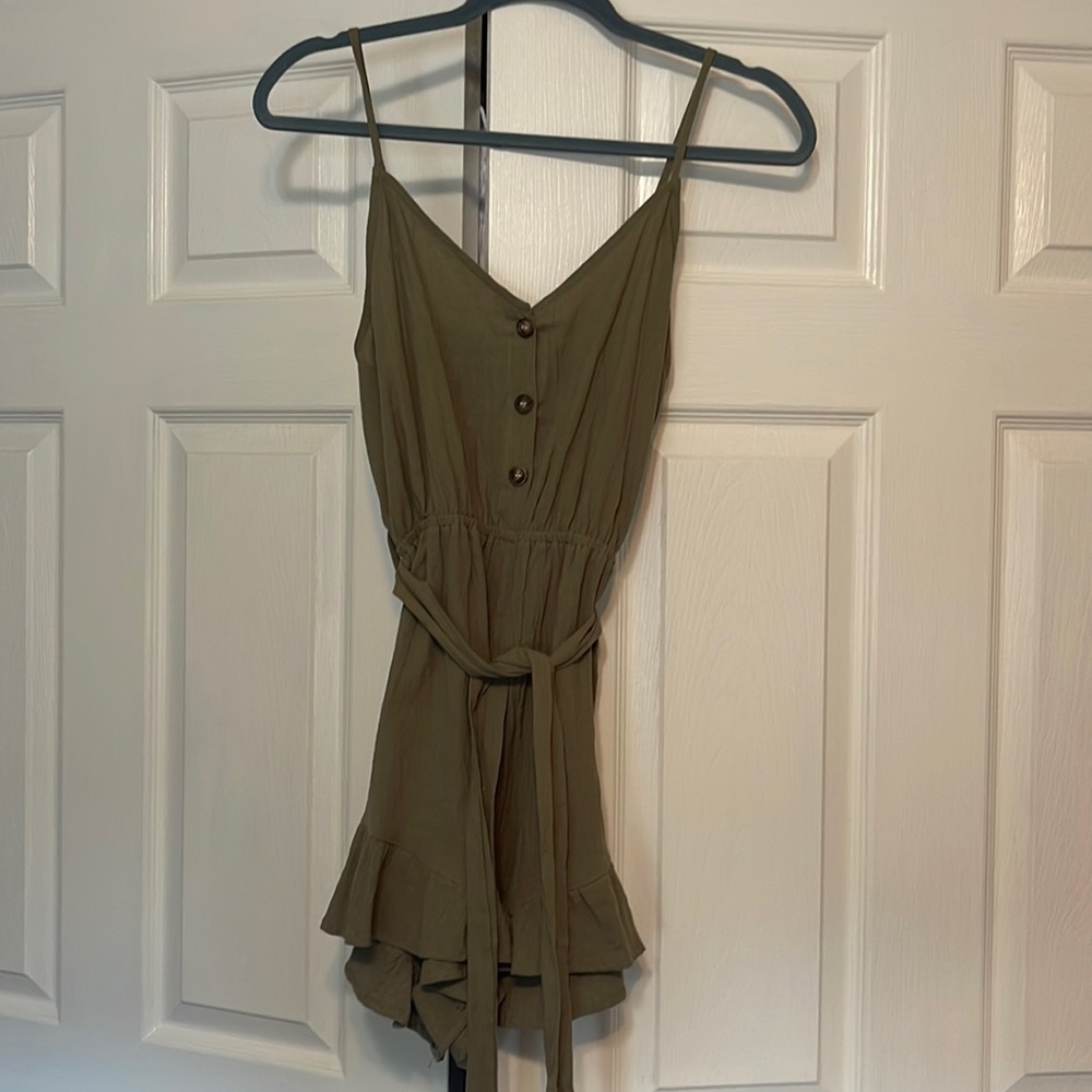 cute army green romper with tie around waist